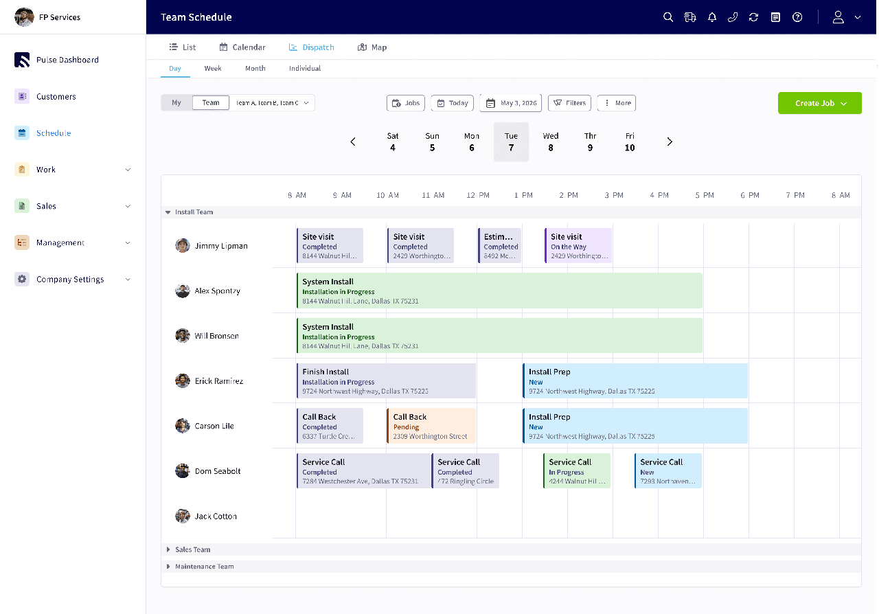 FieldPulse's team schedule lays every crew's jobs across the day, colour-coded by status from new to completed.