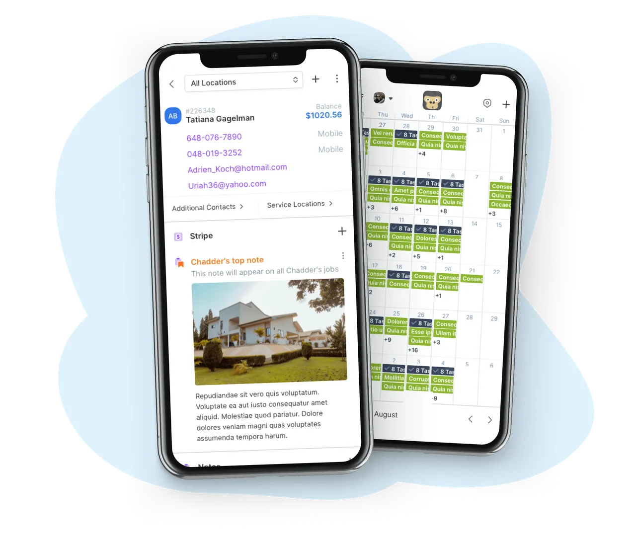 GorillaDesk on the phone: a customer record with contacts, billing and job notes, and the month's route calendar.