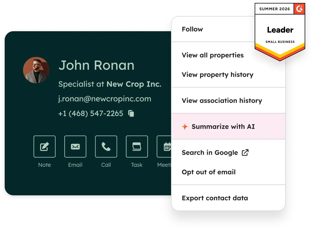 A HubSpot contact record, with one-tap call, email and task actions and an AI summary of the account's history.