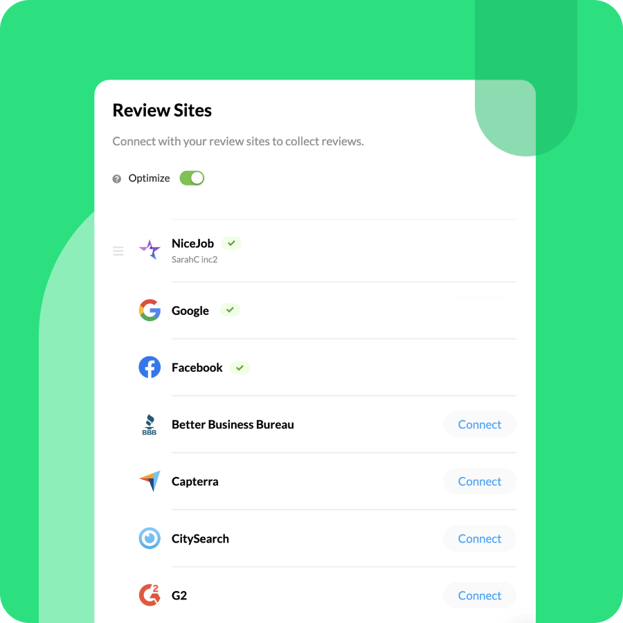 NiceJob's review-site setup connects Google, Facebook, the BBB and others so a new review posts to each.