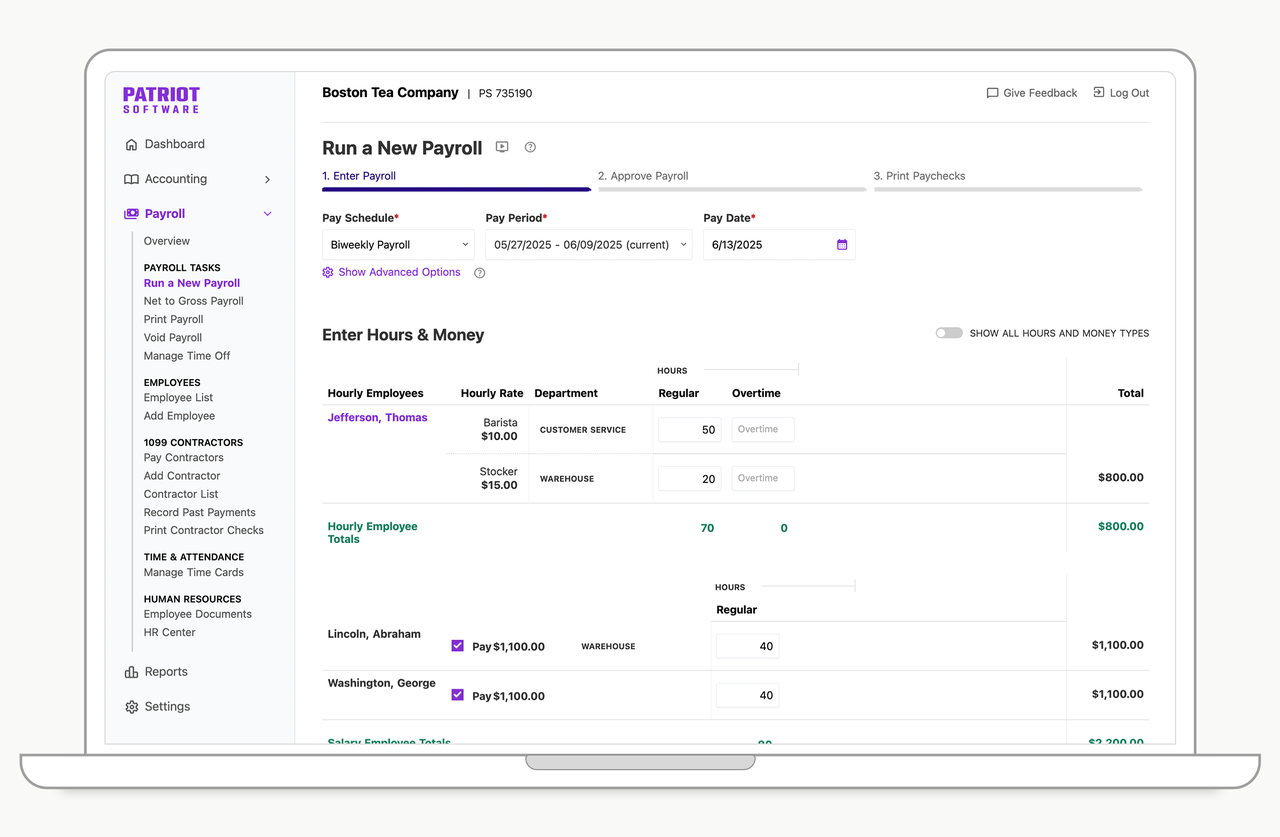 Running a payroll in Patriot: pick the pay period, enter hours by employee, and the pay totals add up as you go.