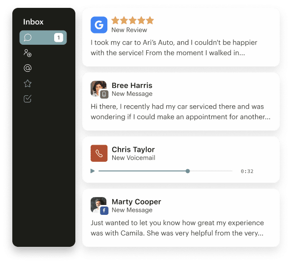 Podium's shared inbox pulls Google reviews, texts, voicemails and Facebook messages into one list of threads.