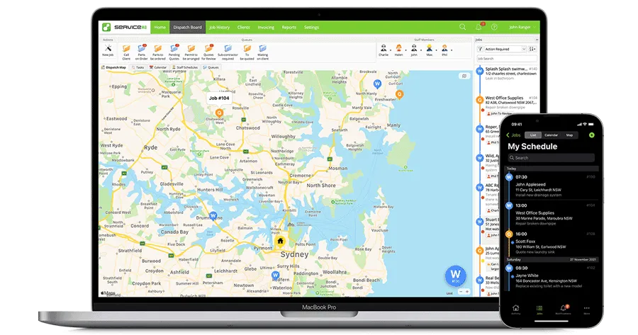 ServiceM8's dispatch board puts the day's jobs on a map next to the tech schedule, with the mobile app showing the same run of work.